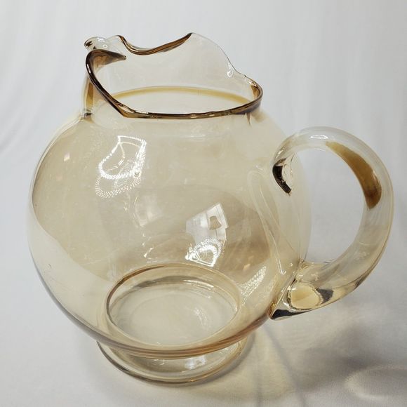 Vintage Amber Ball Pitcher Blown Glass Applied Handle Smooth Design Ripple Mouth - Picture 4 of 12